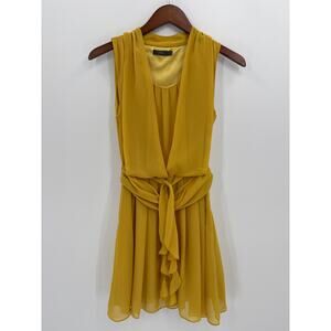 THML Mustard Yellow Chiffon Wrap Tie Dress Sleeveless Fit Flare Size S EUC